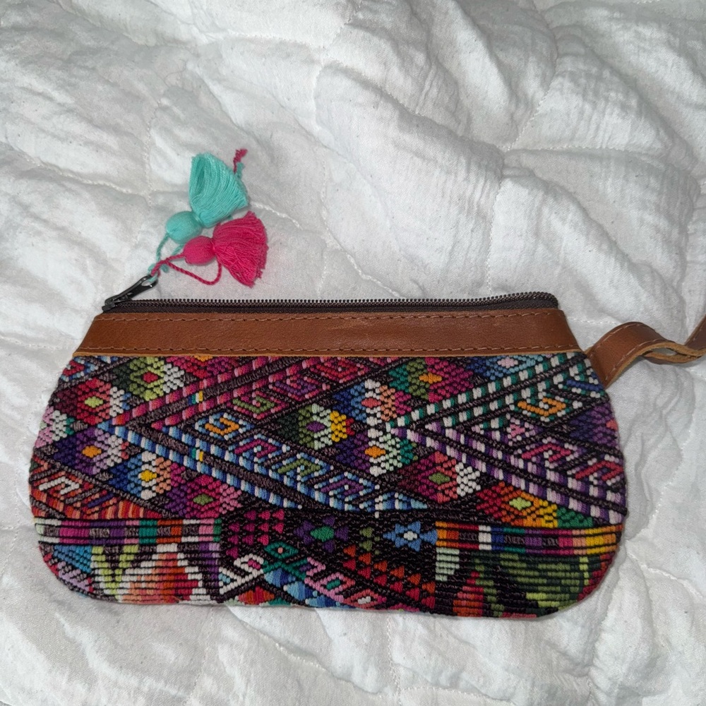 Nena & Co. Embroidered Zippered Clutch Leather Strap Tassels Boho Floral